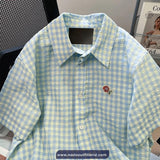 Short Sleeve Cute Flower Pocket Embroidered Plaid Blouse Shirt