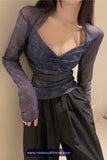 Long Sleeve V-Neck Grunge Ruched Mesh Shirt
