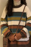 Person wearing a colorful striped sweater with a brown bag.
