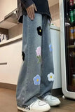 Casual Floral Embroidered Men Jeans Pants