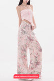 High Waist Floral Pattern Pink Pants