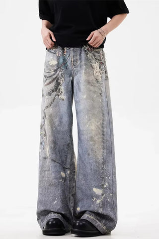 Loose 3D Chain Realistic Printed Jeans Pants