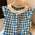 Short Sleeve Lace Collar Blue Plaid Floral Pattern Blouse Shirt