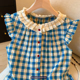 Short Sleeve Lace Collar Blue Plaid Floral Pattern Blouse Shirt