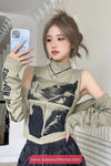 Long Sleeve Off Shoulder Printed Turtleneck Shirts