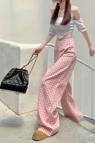 Loose Pink Plaid Wide Leg Pants