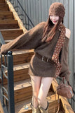 Long Sleeve Off Shoulder Knitted Belt Mini Dress