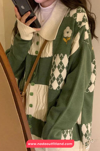 Long Sleeve Floral Plaid Knitted Cardigan Sweater