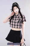Short Sleeve Pink Plaid Cropped Blouse Shirt