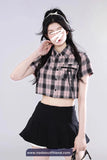 Short Sleeve Pink Plaid Cropped Blouse Shirt