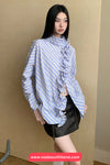 Long Sleeve Vintage Striped Ruffles Irregular Blouse Shirt