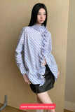Long Sleeve Vintage Striped Ruffles Irregular Blouse Shirt