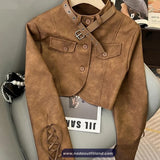 Long Sleeve Belted Neck Brown Leather Cropped Jacket