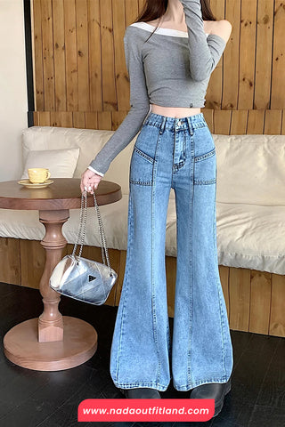 High Waist Casual Slightly Flared Jeans Pants
