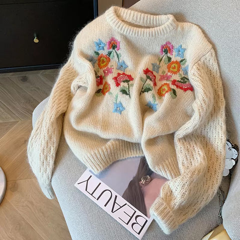 Long Sleeve Flowers Embroidered Knitted Sweater