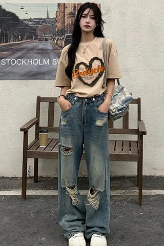 High Waist Ripped Hole Long Jeans Pants