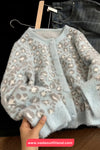 Long Sleeve O-Neck Leopard Pattern Faux Blue Jacket