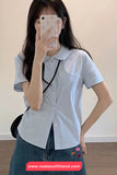 Short Sleeve Turn Down Collar Blue Blouse Shirt