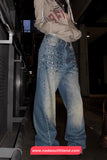 High Waist Metal Rivet Washed Jeans Pants