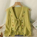 V-Neck Bow Tie Flower Embroidered Knitted Vest Sweater