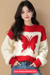 Long Sleeve Cute Butterfly O-Neck Knitted Sweater