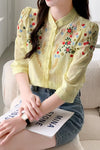 Long Sleeve Stand Collar Flower Embroidered Blouse Shirt