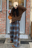 Loose Retro Blue Plaid Wide Leg Pants