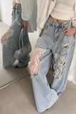 High Waist Hole Design Lace Patchwork Jeans Pants