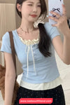 Fake Two Piece Style Bow Patchwork Casual Cropped Slim Shirt