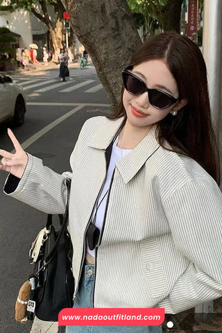 Long Sleeve Double Sided Striped Turn Down Collar Jacket