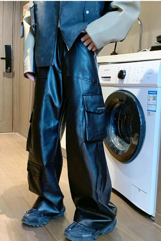 Elastic Waist Loose Cargo Multi Pockets Leather Pants – Nada