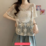 Short Sleeve Floral Lace Hollow Crochet Shirt