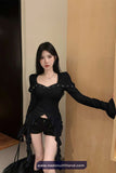 Long Sleeve Square Collar Ruffled Sexy Cropped Shirt