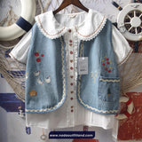 Cute Garden Embroidered V-Neck Lace Stitching Denim Vest