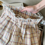 Cute Lace Waist Plaid Pattern Long Pants