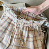 Cute Lace Waist Plaid Pattern Long Pants