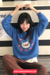 Long Sleeve Cat Embroidered O-Neck Blue Sweater