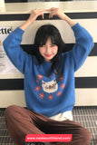 Long Sleeve Cat Embroidered O-Neck Blue Sweater