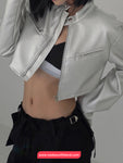 Long Sleeve Cropped Silver Leather Jacket