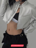 Long Sleeve Cropped Silver Leather Jacket