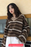 Loose V-Neck Retro Striped Sweater