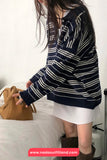Long Sleeve Vintage Knitted Striped Button Sweater