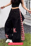 Loose Wide Leg Hip Hop Plaid Patchwork Black Jeans Pants