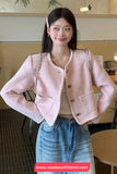 Long Sleeve Retro O-Neck Cropped Pink Tweed Jackets