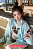 Long Sleeve O-Neck Cute Cat Blue Sweater