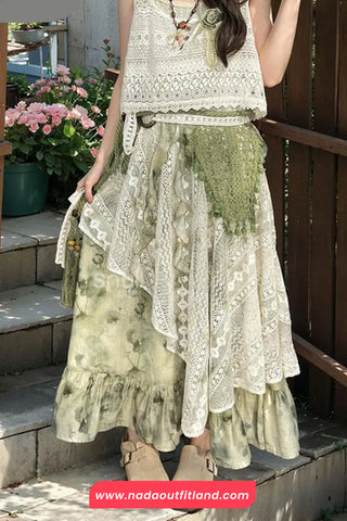 High Waist Lace Patchwork Tie Dye Irregular Long Skirts
