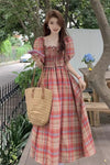 Retro Plaid Square Collar Puff Sleeve Long Dress