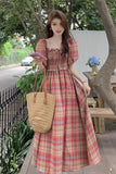 Retro Plaid Square Collar Puff Sleeve Long Dress