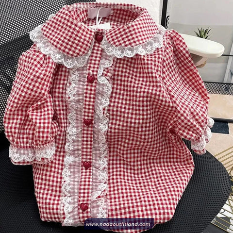 Short Sleeve Cute Sweet Plaid Lace Blouse Shirt