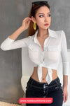 Long Sleeve Sexy Bow Tie Cropped Blouse Shirt